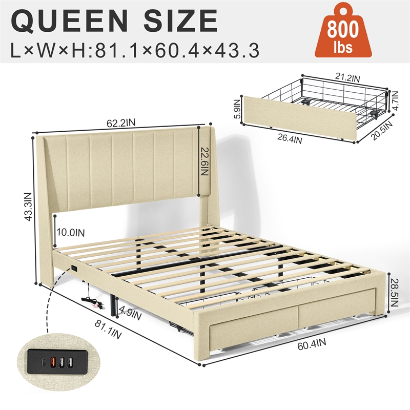 Pemberly Row Queen Size Bed Frame with Storage Drawers in Beige