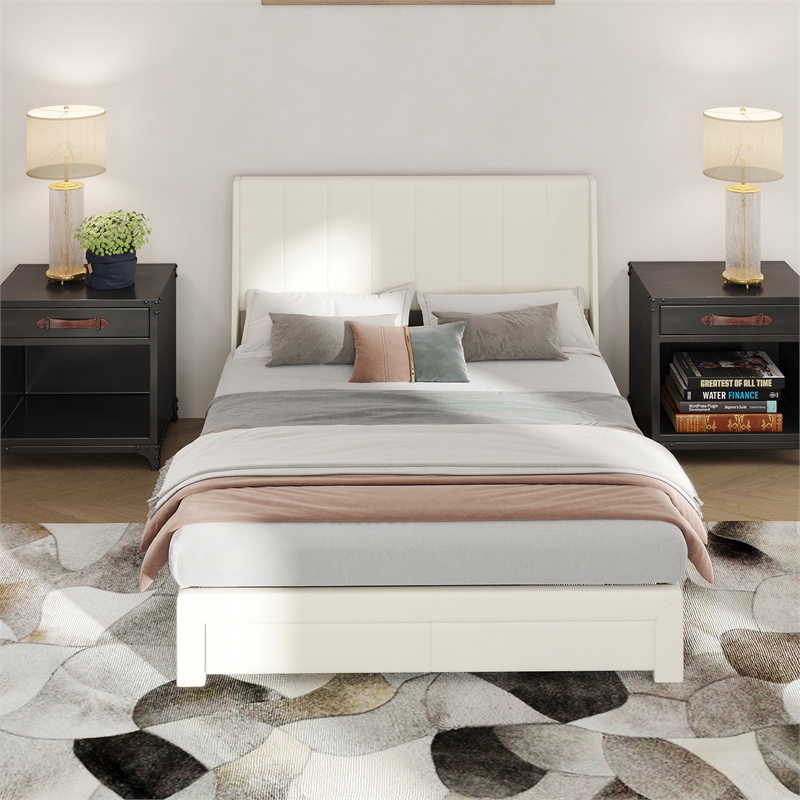 Pemberly Row Queen Size Bed Frame with Storage Drawers in Beige
