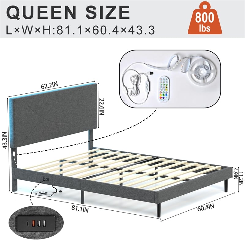 Pemberly Row Queen Upholstered Bed Frame with LED Headboard & USB Ports Gray