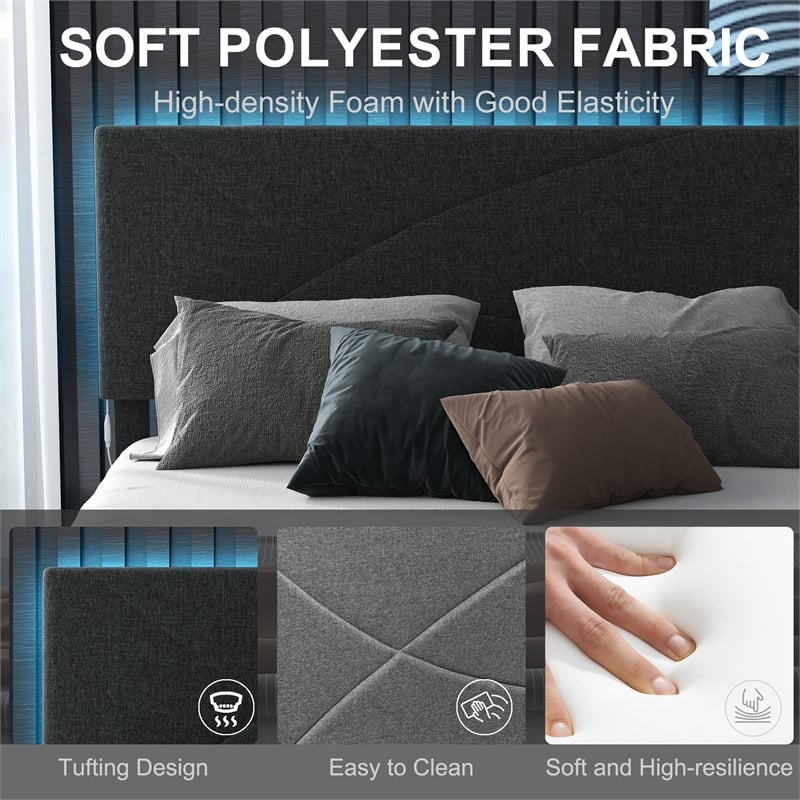 Pemberly Row Queen Upholstered Bed Frame with LED Headboard & USB Ports Gray