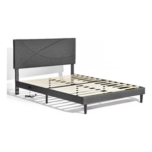 Pemberly Row Queen Upholstered Bed Frame with LED Headboard & USB Ports Gray