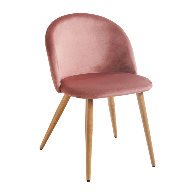 Pemberly Row Set of 4 Rose Velvet Dining Chairs with Oak Finish Metal Legs