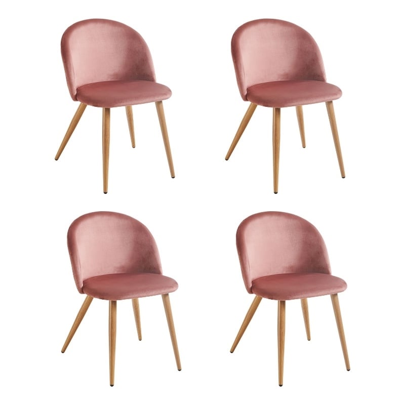 Pemberly Row Set of 4 Rose Velvet Dining Chairs with Oak Finish Metal Legs