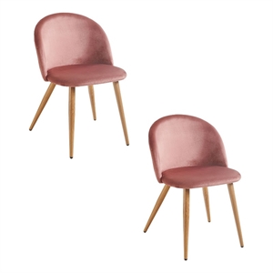 Pemberly Row Set of 2 Rose Velvet Dining Chairs with Oak Finish Metal Legs