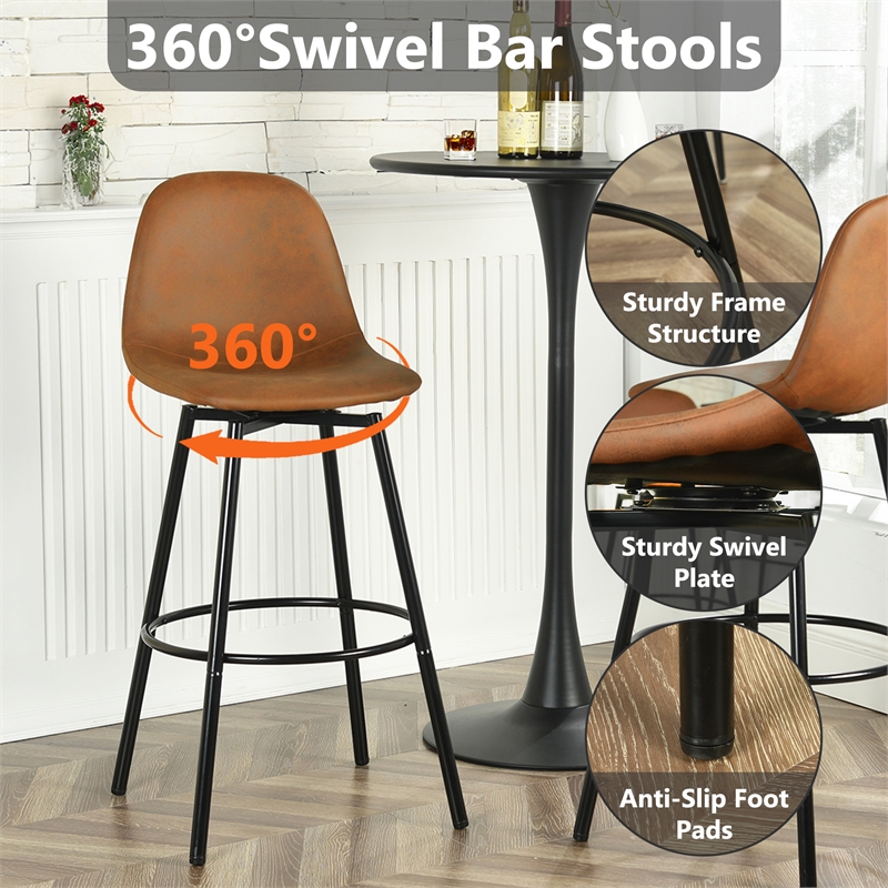 Pemberly Row Faux Leather Swivel Bar Height Stool in Brown (Set of 2)