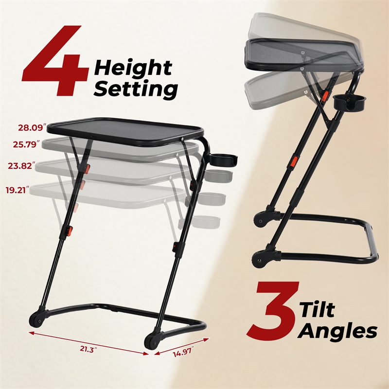 Pemberly Row Adjustable Folding TV Dining Tray Table with Cup Holder Black