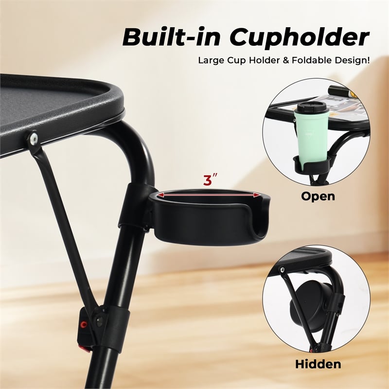 Pemberly Row Adjustable Folding TV Dining Tray Table with Cup Holder Black
