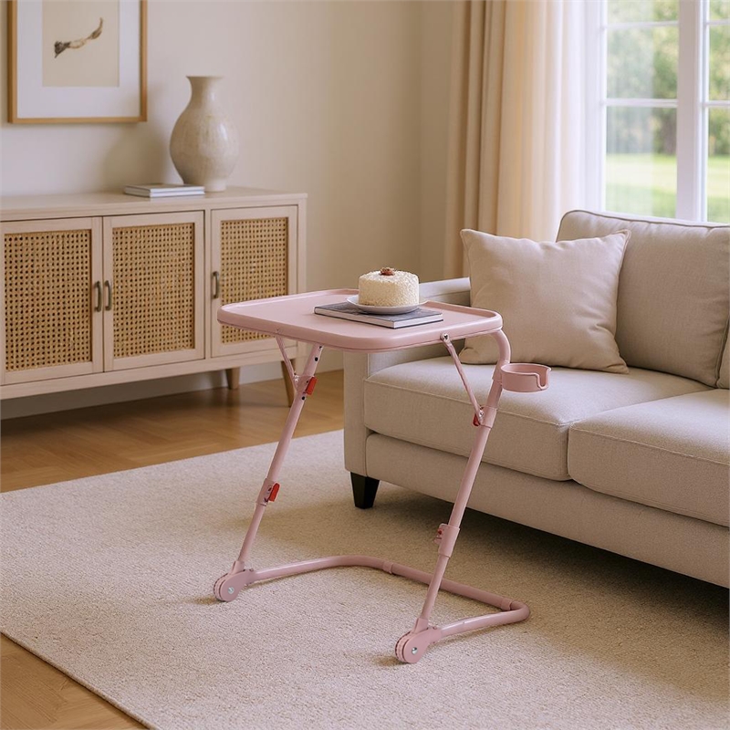 Pemberly Row Adjustable Folding TV Dining Tray Table with Cup Holder Pink