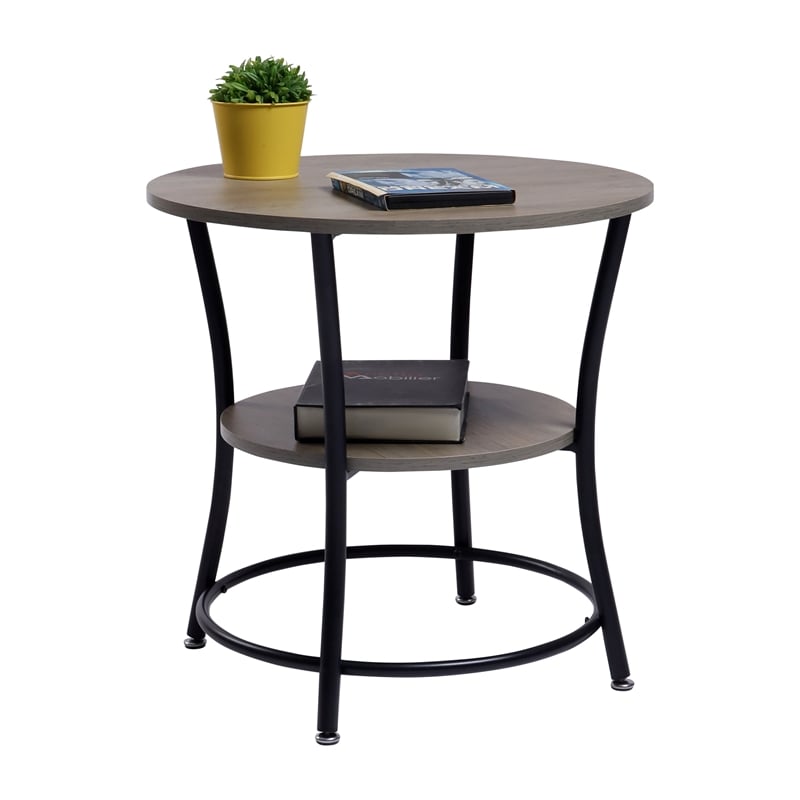 Pemberly Row Round Coffee Table 2 Tier Wood Look Top Black Metal Base