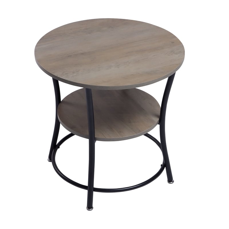 Pemberly Row Round Coffee Table 2 Tier Wood Look Top Black Metal Base