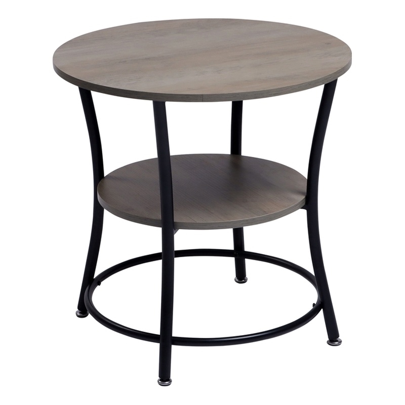 Pemberly Row Round Coffee Table 2 Tier Wood Look Top Black Metal Base