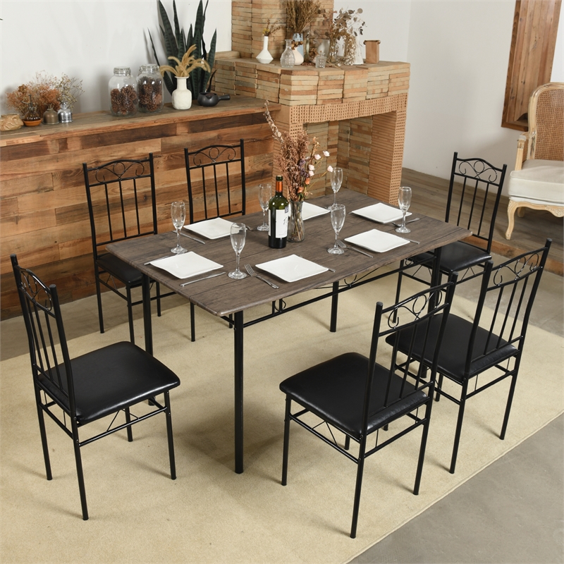 Pemberly Row 6 Piece Dining Set with PU Leather Seats Perfect for Home Black