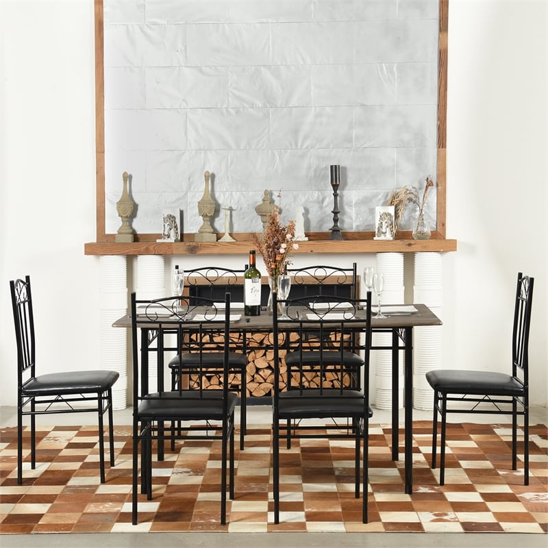 Pemberly Row 6 Piece Dining Set with PU Leather Seats Perfect for Home Black