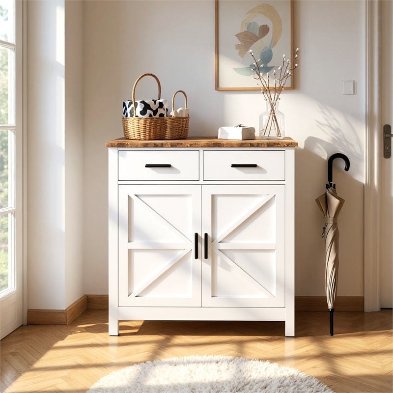Pemberly Row White Wood Cabinet with Rustic Oak Top and Storage Drawers