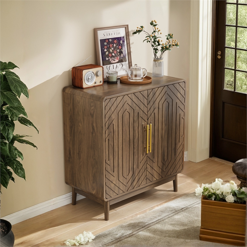 Pemberly Row Walnut Wood Cabinet with Geometric Doors and Storage Shelves