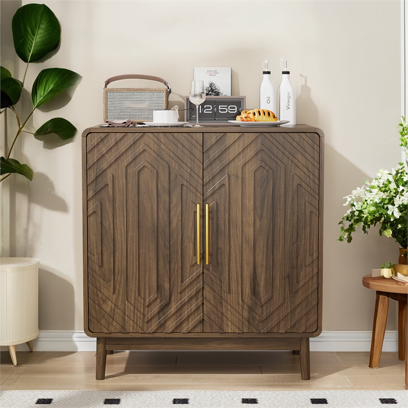 Pemberly Row Walnut Wood Cabinet with Geometric Doors and Storage Shelves