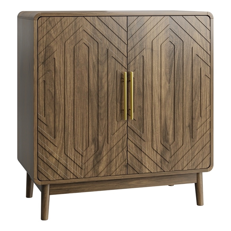 Pemberly Row Walnut Wood Cabinet with Geometric Doors and Storage Shelves