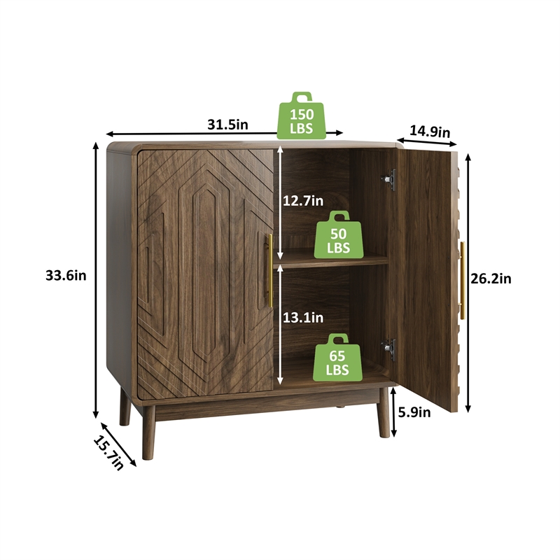 Pemberly Row Walnut Wood Cabinet with Geometric Doors and Storage Shelves