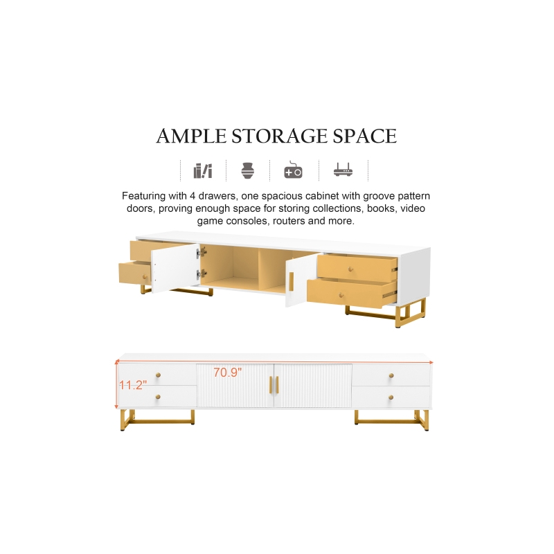 Pemberly Row White TV Stand with Gold Handles Modern Metal Legs 4 Drawers