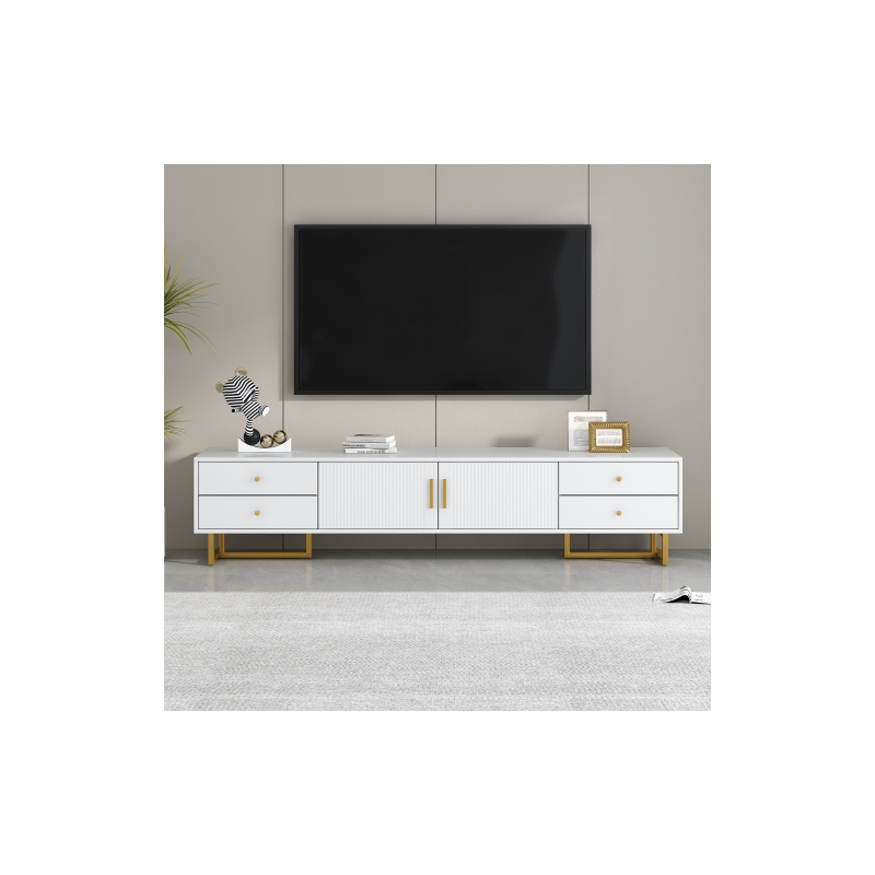 Pemberly Row White TV Stand with Gold Handles Modern Metal Legs 4 Drawers
