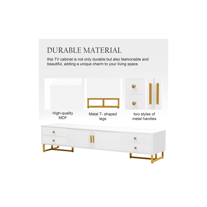 Pemberly Row White TV Stand with Gold Handles Modern Metal Legs 4 Drawers