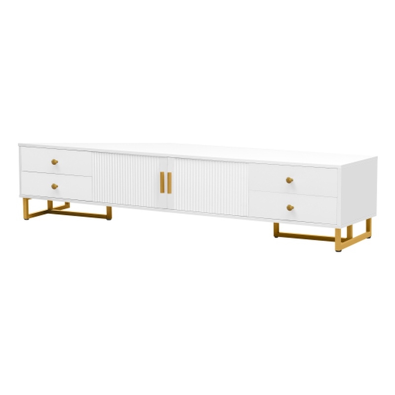 Pemberly Row White TV Stand with Gold Handles Modern Metal Legs 4 Drawers