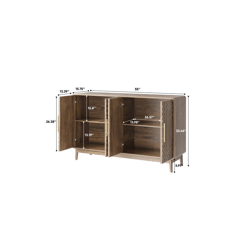 Pemberly Row Living & Dining Walnut Geometric Sideboard 4-Door Storage Cabinet