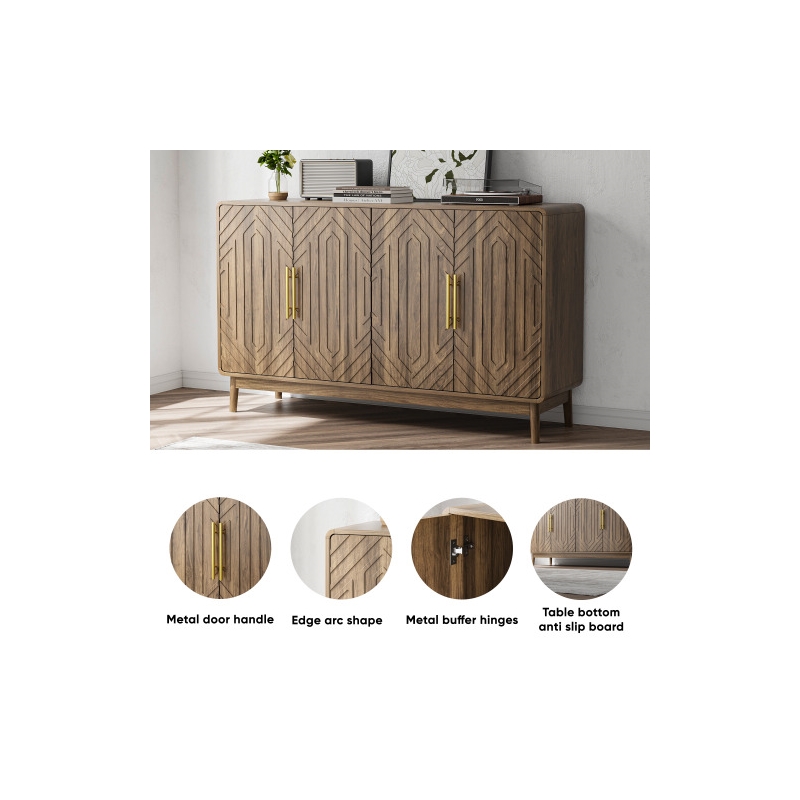 Pemberly Row Living & Dining Walnut Geometric Sideboard 4-Door Storage Cabinet