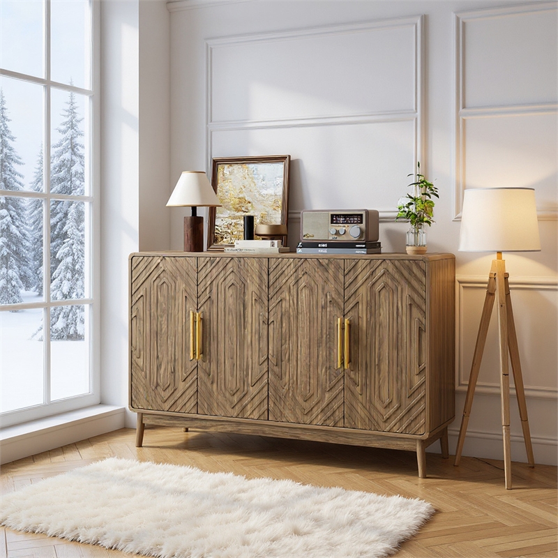 Pemberly Row Living & Dining Walnut Geometric Sideboard 4-Door Storage Cabinet