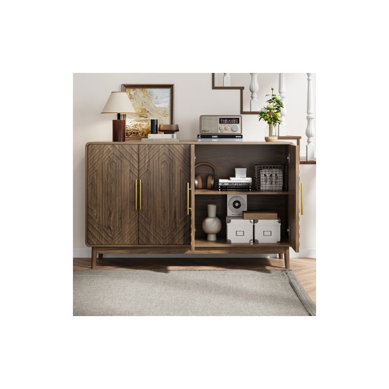 Pemberly Row Living & Dining Walnut Geometric Sideboard 4-Door Storage Cabinet