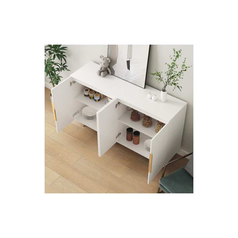 Pemberly Row White Sideboard Ribbed Design Gold Handles 4 Doors and Storage