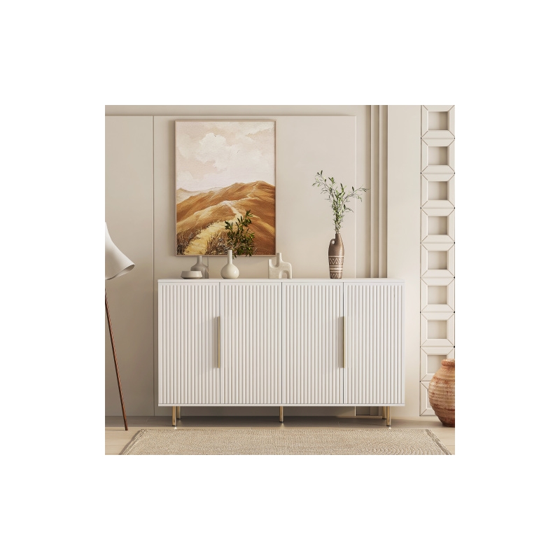 Pemberly Row White Sideboard Ribbed Design Gold Handles 4 Doors and Storage