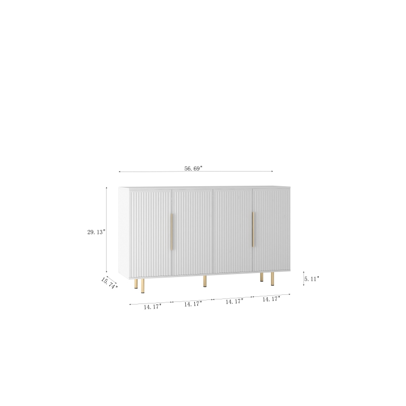 Pemberly Row White Sideboard Ribbed Design Gold Handles 4 Doors and Storage