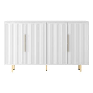Pemberly Row White Sideboard Ribbed Design Gold Handles 4 Doors and Storage