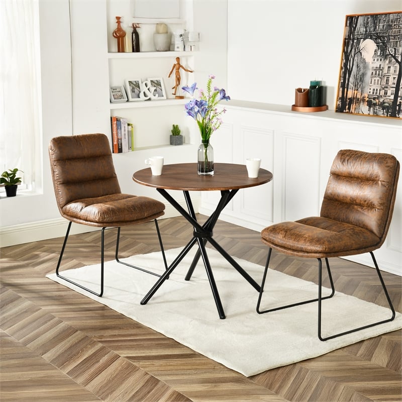Pemberly Row Modern Round Dining Table with Cross Black Base Dark Wood