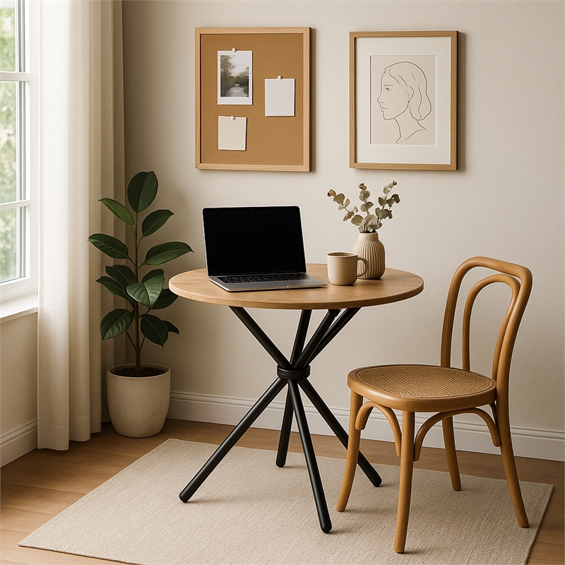 Pemberly Row Modern Round Dining Table with Cross Black Base Natural Wood