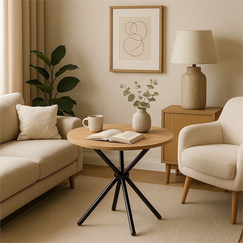 Pemberly Row Modern Round Dining Table with Cross Black Base Natural Wood