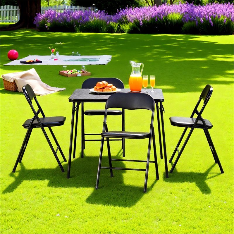 Pemberly Row 5-Piece Black Folding Patio Dining Set with PVC Chairs