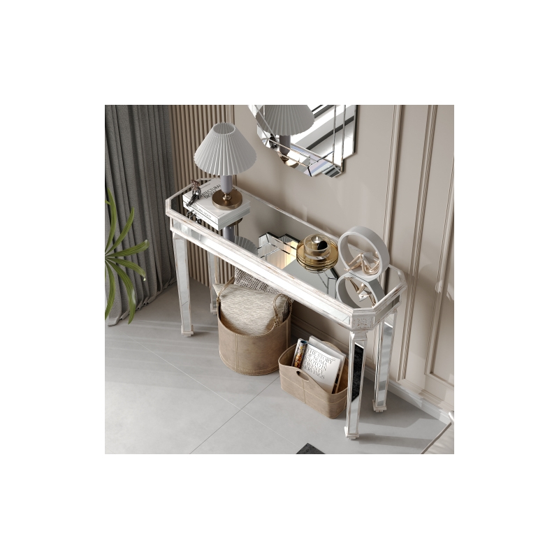 Pemberly Row Mirrored Console Table with Sleek Glass Top Reflective Silver Legs