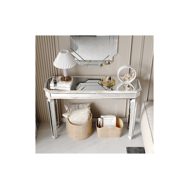 Pemberly Row Mirrored Console Table with Sleek Glass Top Reflective Silver Legs