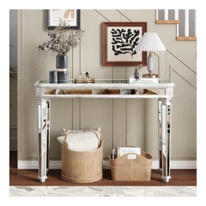 Pemberly Row Mirrored Console Table with Sleek Glass Top Reflective Silver Legs