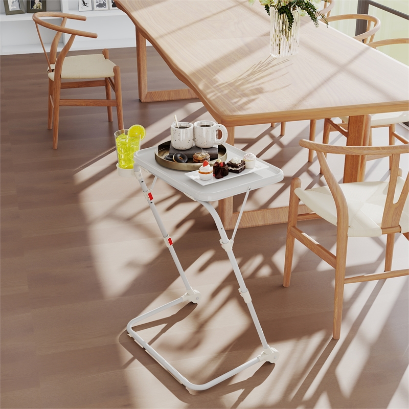 Pemberly Row White Plastic Folding Table with Metal Frame and Cup Holder