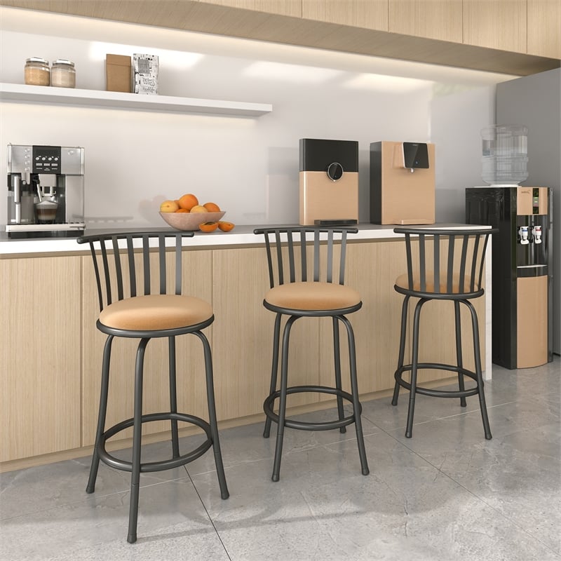 Pemberly Row 3Pc Bar Stool Set with Curved Metal Backrest in Brown for Home Bar