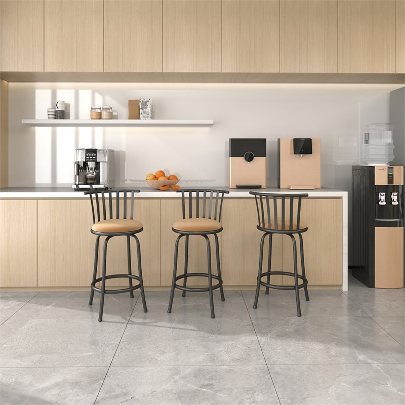 Pemberly Row 3Pc Bar Stool Set with Curved Metal Backrest in Brown for Home Bar