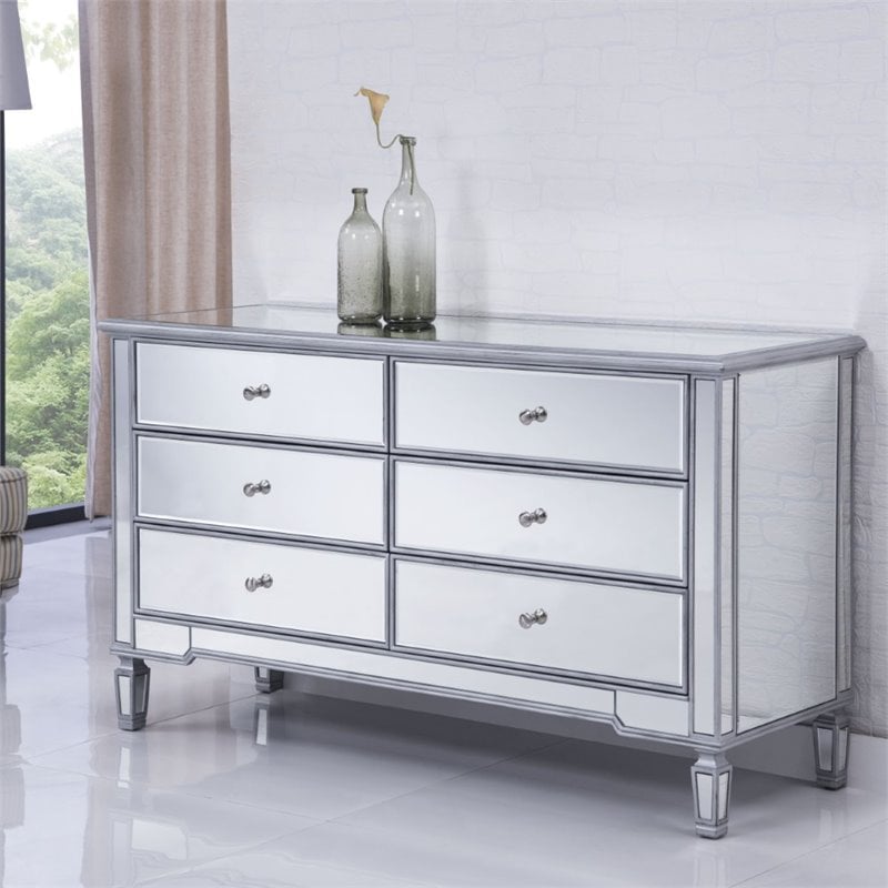 Pemberly Row 6 Drawer rary Mirrored Dresser in Antique Silver