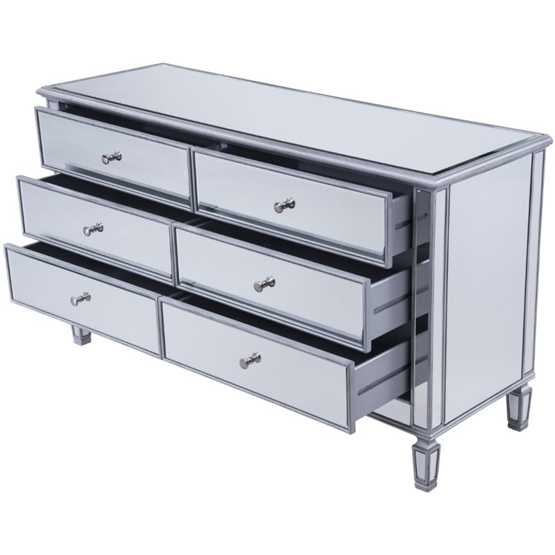 Pemberly Row 6 Drawer rary Mirrored Dresser in Antique Silver