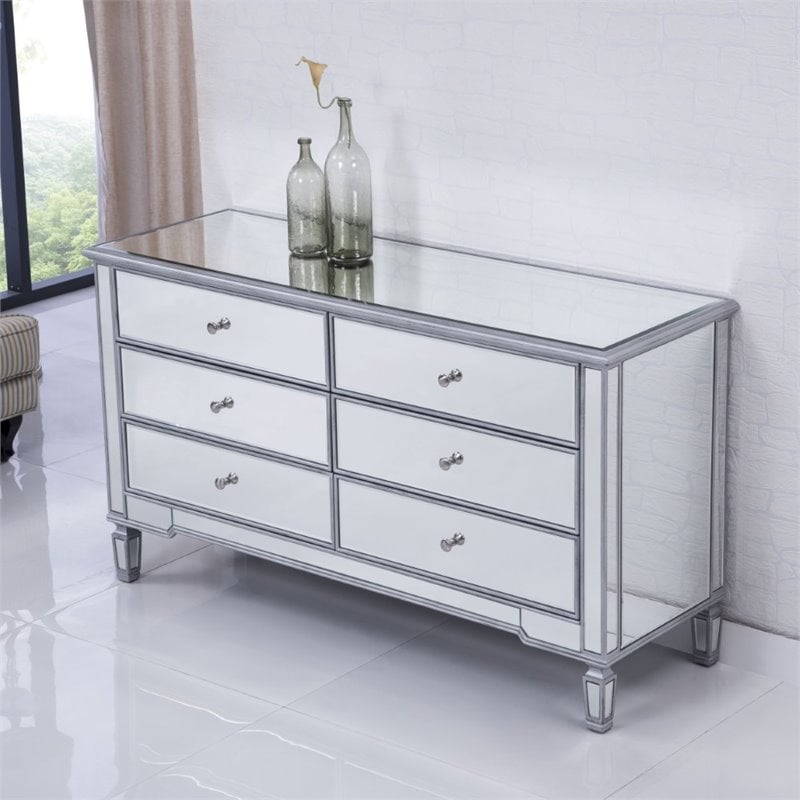 Pemberly Row 6 Drawer rary Mirrored Dresser in Antique Silver