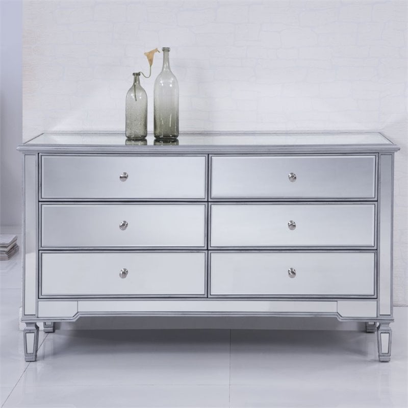 Pemberly Row 6 Drawer rary Mirrored Dresser in Antique Silver