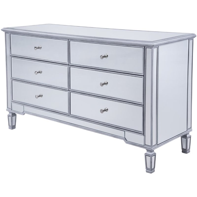 Pemberly Row 6 Drawer rary Mirrored Dresser in Antique Silver