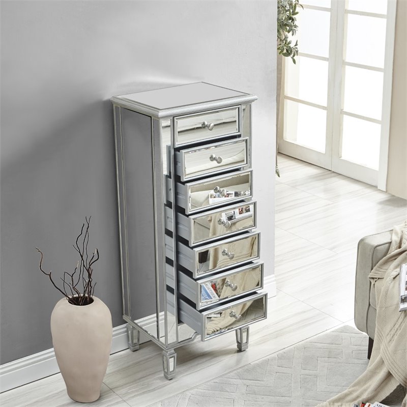 Pemberly Row 7 Drawer Mirrored Lingerie Chest in Antique Silver